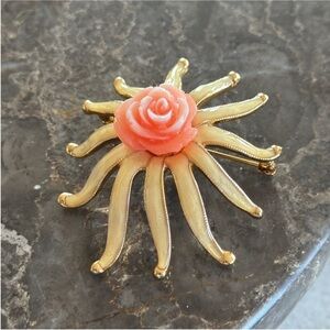 Vintage Gold and Coral Rose Brooch